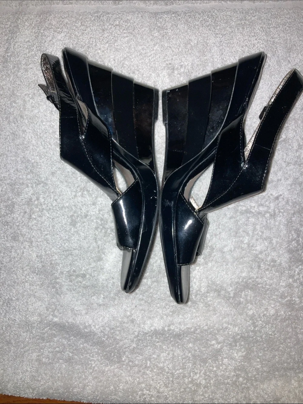 Sofft Black Patent Open-Toe Slingback Wedge Heels